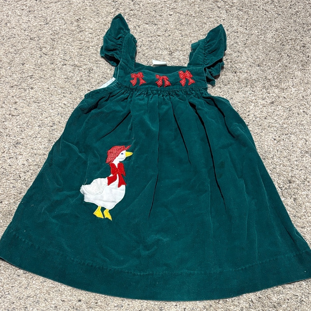 Green Corduroy Dress with Goose/Duck and Bows Appliquéd